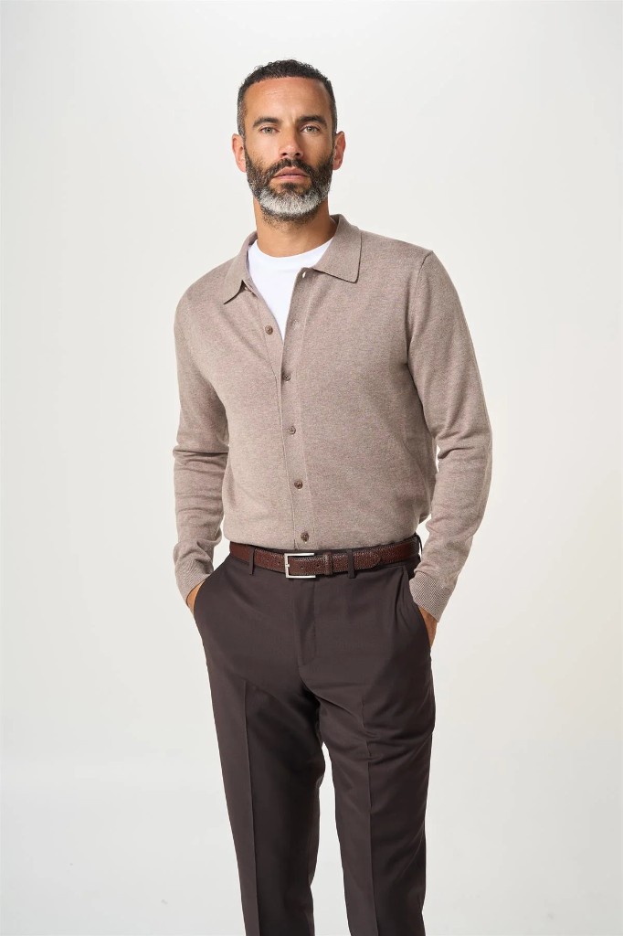 Cavani taupe long-sleeve knitted polo with brown trousers