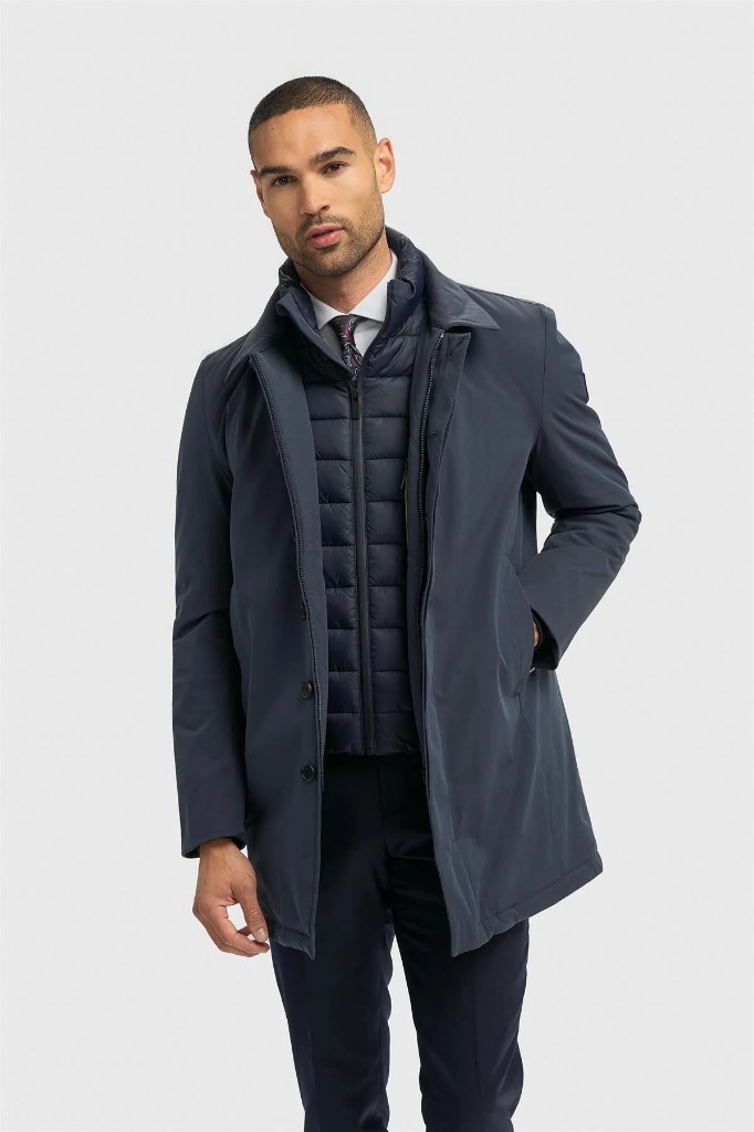 Cavani navy overcoat with a quilted inner gilet