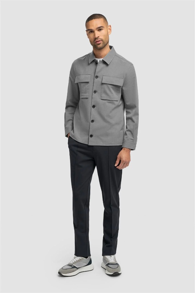 Cavani grey overshirt with navy trousers and grey trainers